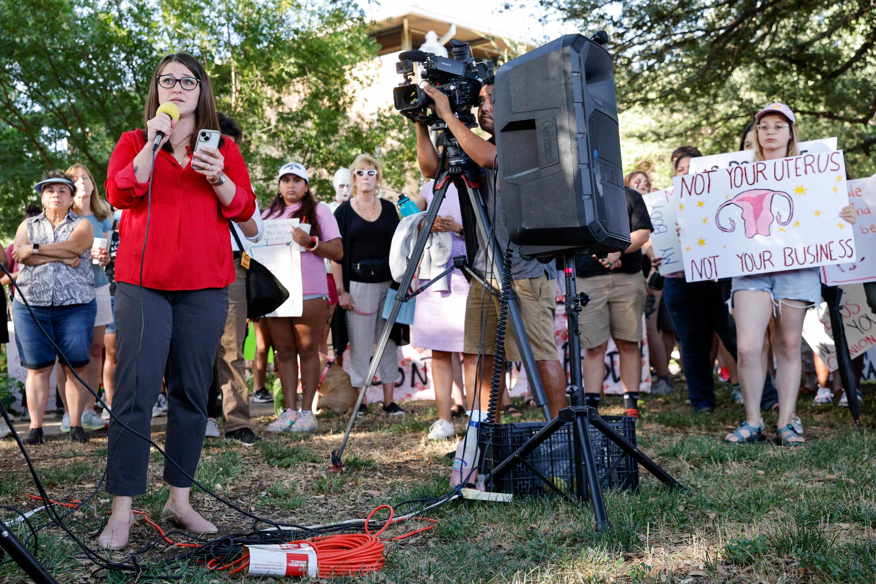 Denton City Council member Alison Maguire speaks at a protest for abortion rights outside...