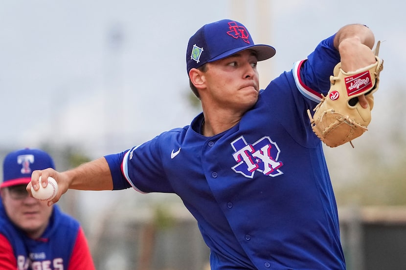 Texas Rangers pitcher Jack Leiter throw in a bullpen session a during a minor league spring...