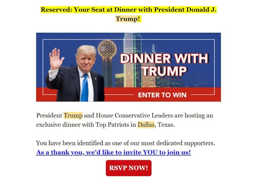 NRCC fund-raising email ahead of May 9, 2022, dinner in Dallas headlined by Donald Trump to...