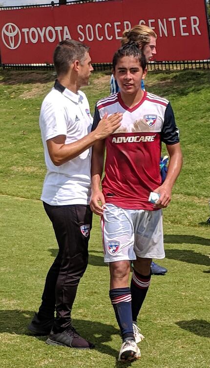 David Rodriguez is congratulated by then FCD Academy Director Luchi Gonzalez. (9-15-18)