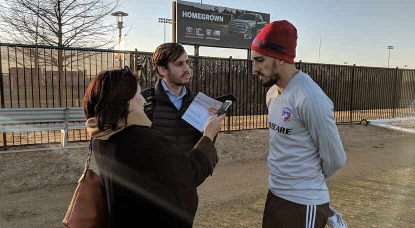 Maxi Urruti (right) talks to members of the media at FC Dallas training, Toyota Stadium...
