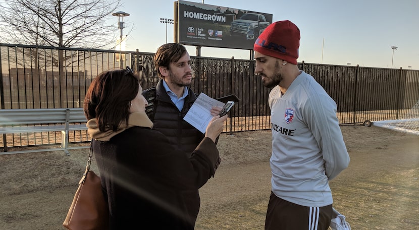 Maxi Urruti (right) talks to members of the media at FC Dallas training, Toyota Stadium...