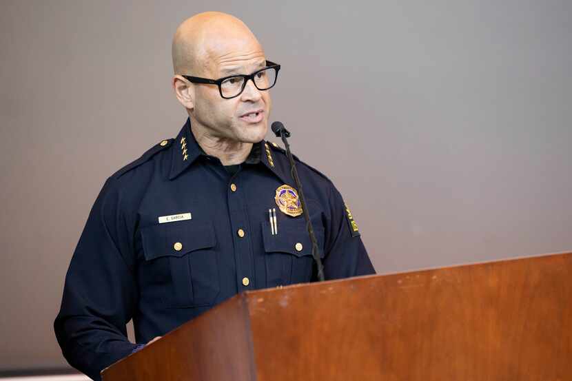 Dallas Police Chief Eddie Garcia speaks during a news conference about a move to require...