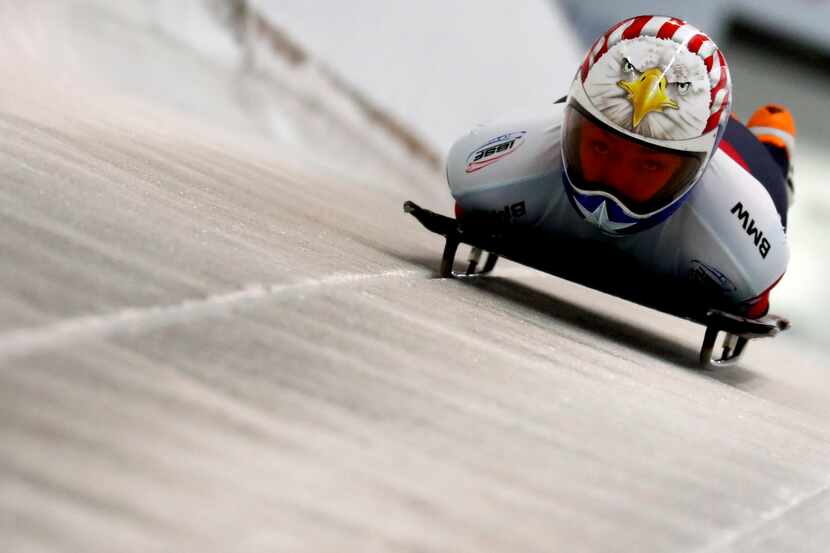 Katie Uhlaender of the United States starts during the women's skeleton race at the...