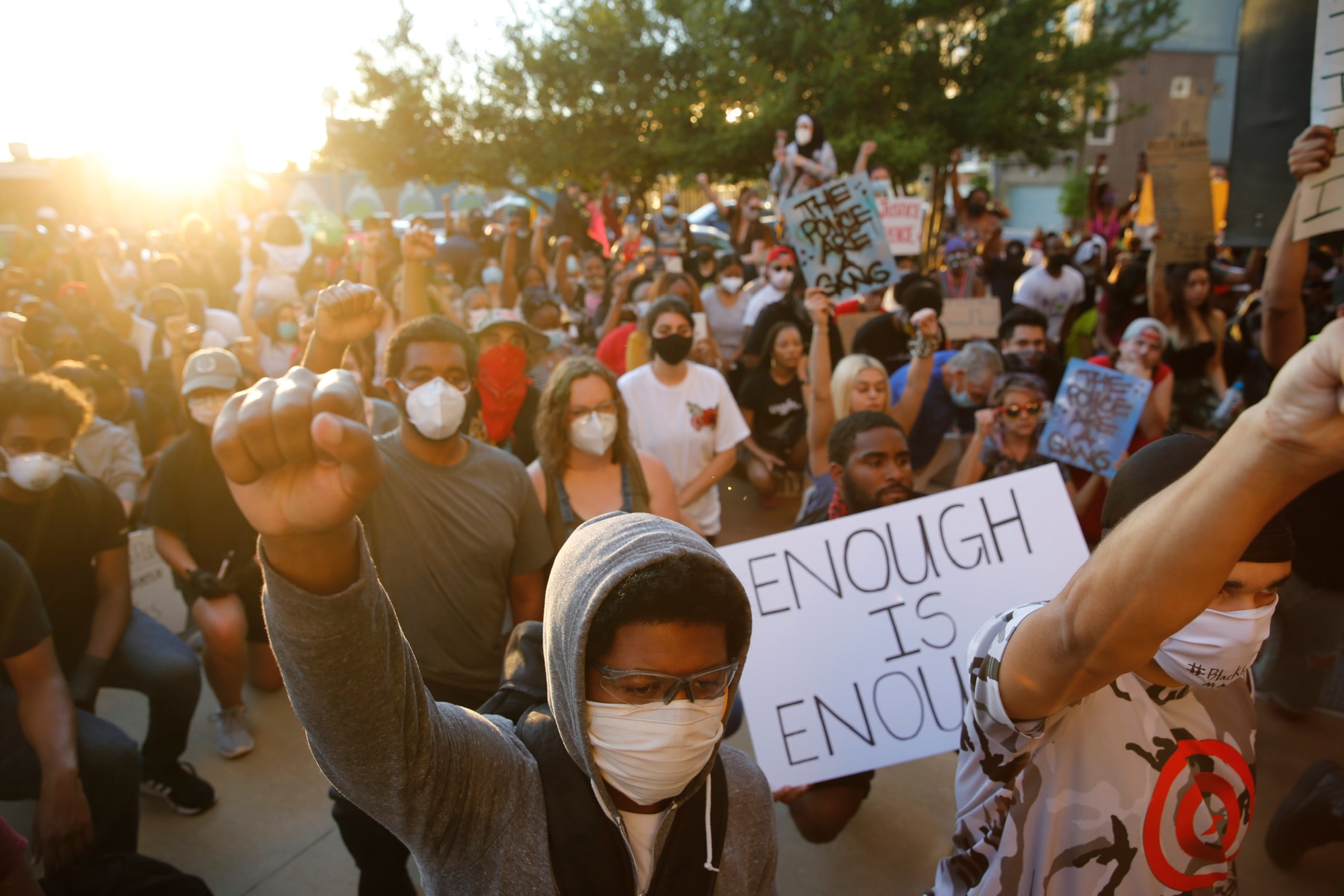 Protesters rally in downtown Dallas during a demonstration against police brutality.