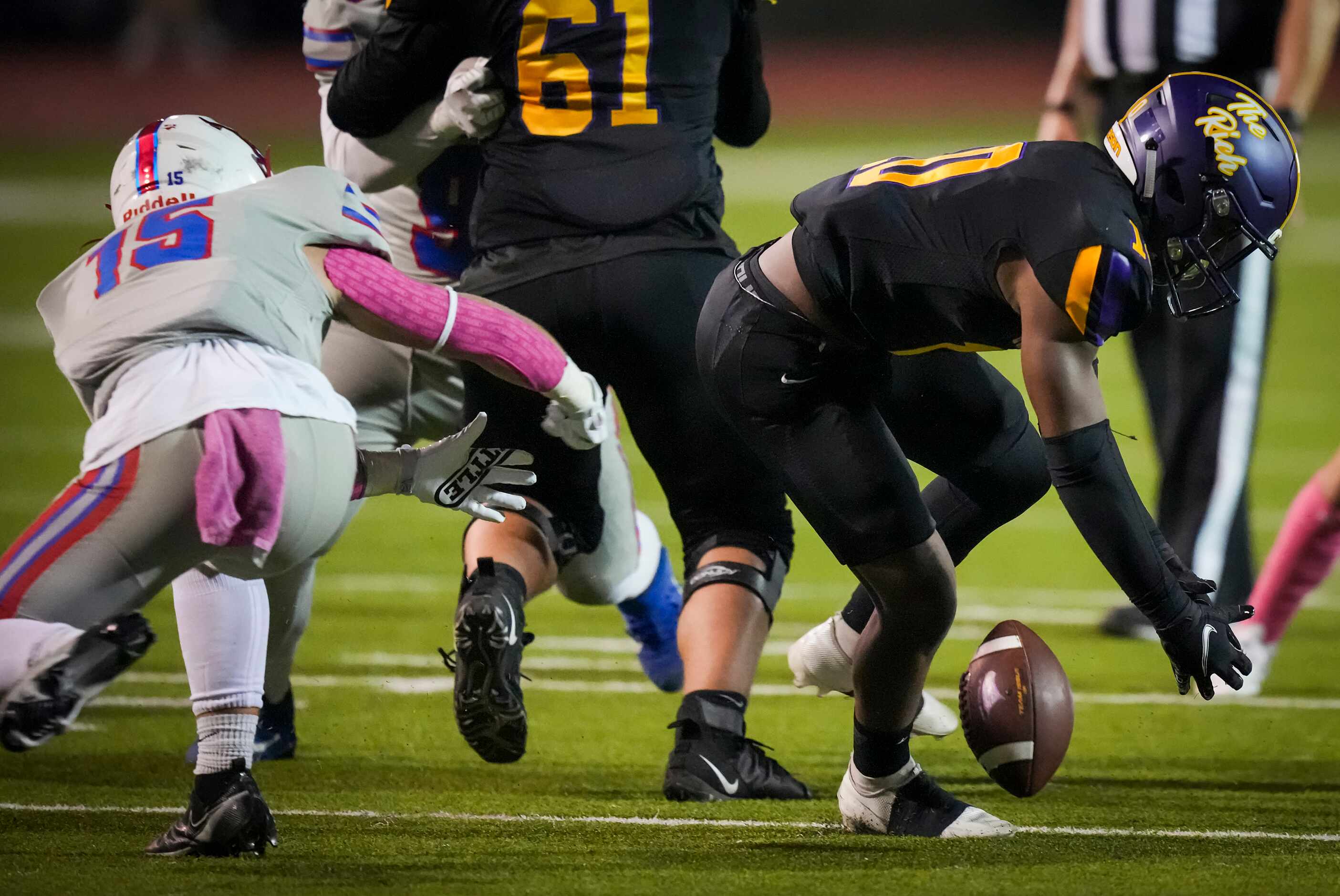 Richardson’s Kazi Farrar (10) fumbles against Richardson Pearce linebacker Clark Wilson (15)...