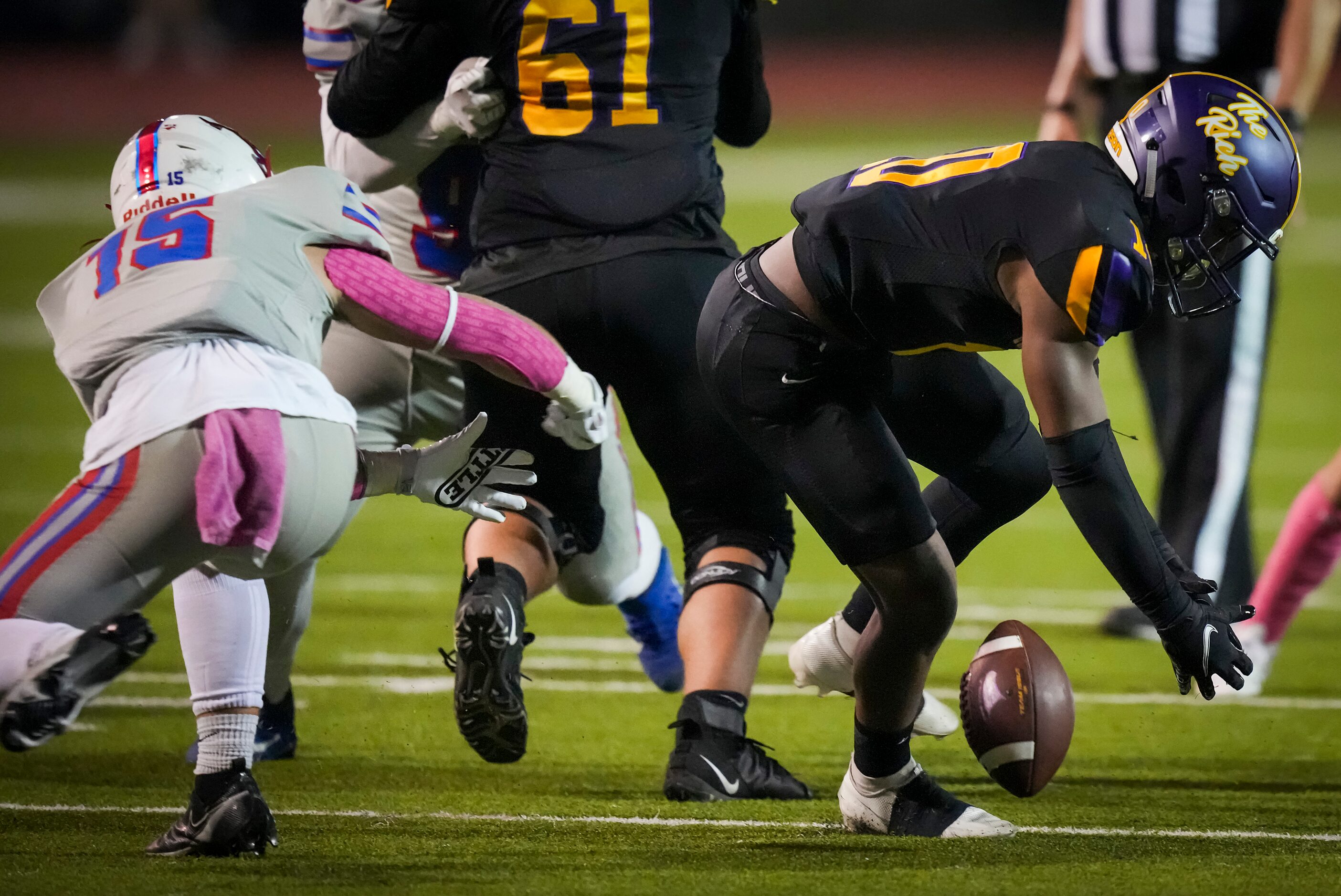 Richardson’s Kazi Farrar (10) fumbles against Richardson Pearce linebacker Clark Wilson (15)...