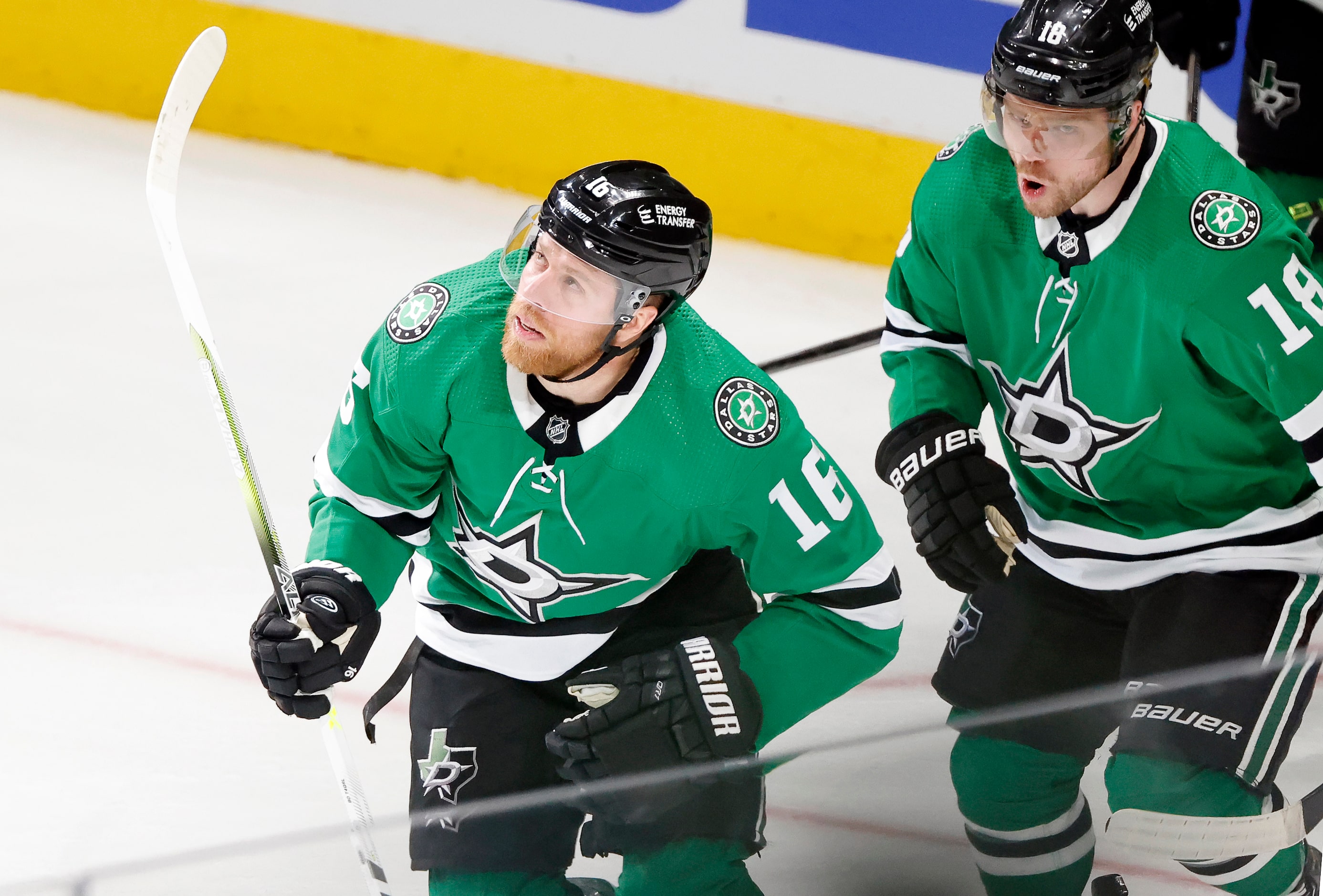 Dallas Stars center Joe Pavelski (16) skates back to the bench after scoring his fourth goal...