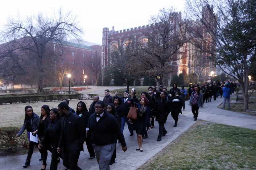  Students at the University of Oklahoma protest this morning after a video was released of...