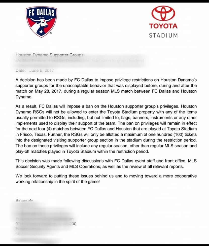 The letter from Gina McFarlin to Matt Fineran at the Houston Dynamo regarding the ban on...