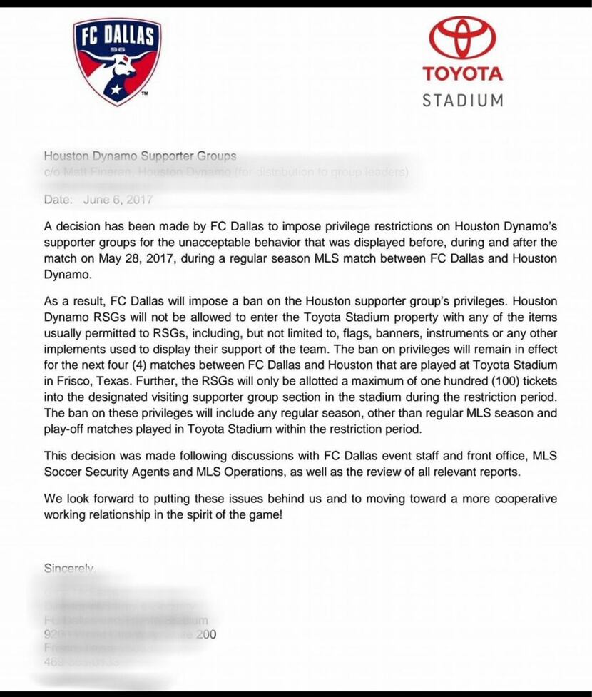 The letter from Gina McFarlin to Matt Fineran at the Houston Dynamo regarding the ban on...