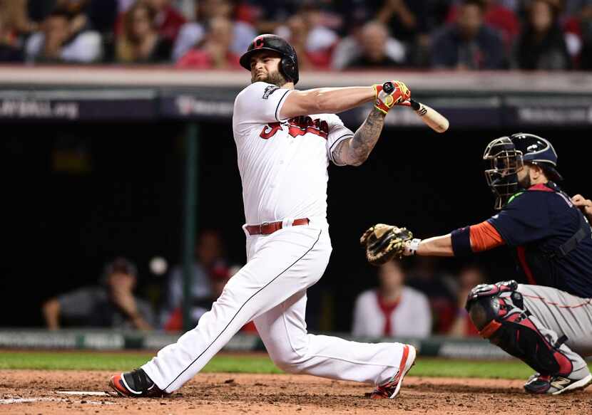 Cleveland Indians' Mike Napoli bats against the Boston Red Sox during Game 1 of baseball's...