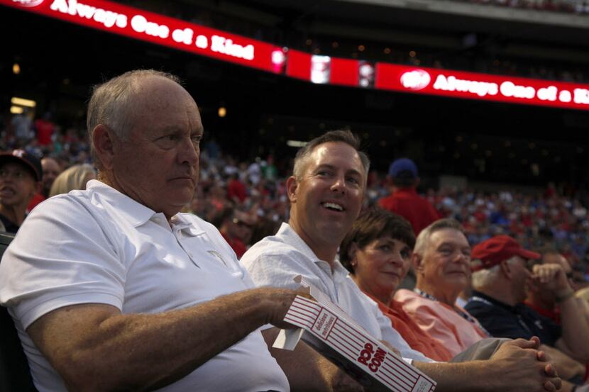 Texas Rangers CEO Nolan Ryan and Houston Astros President Reid Ryan in the fourth inning of...