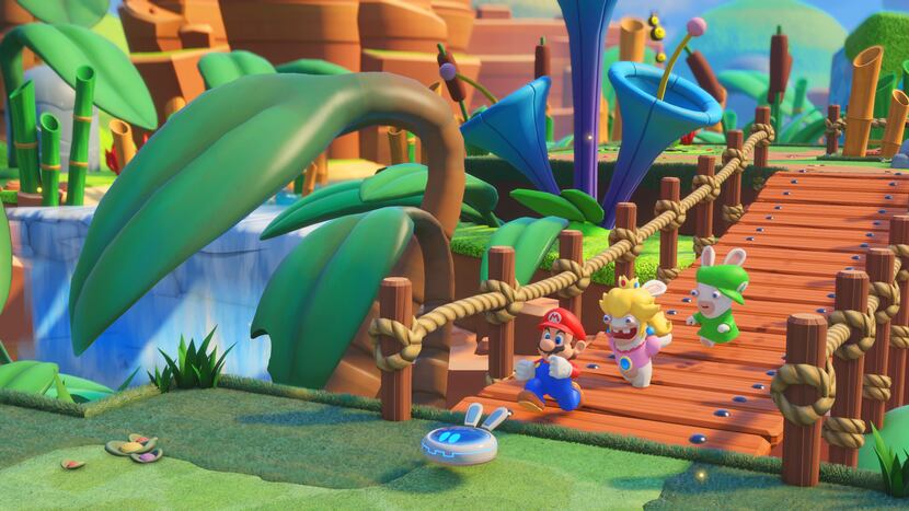 Mario and his new friends explore the world of Mario + Rabbids: Kingdom Battle.