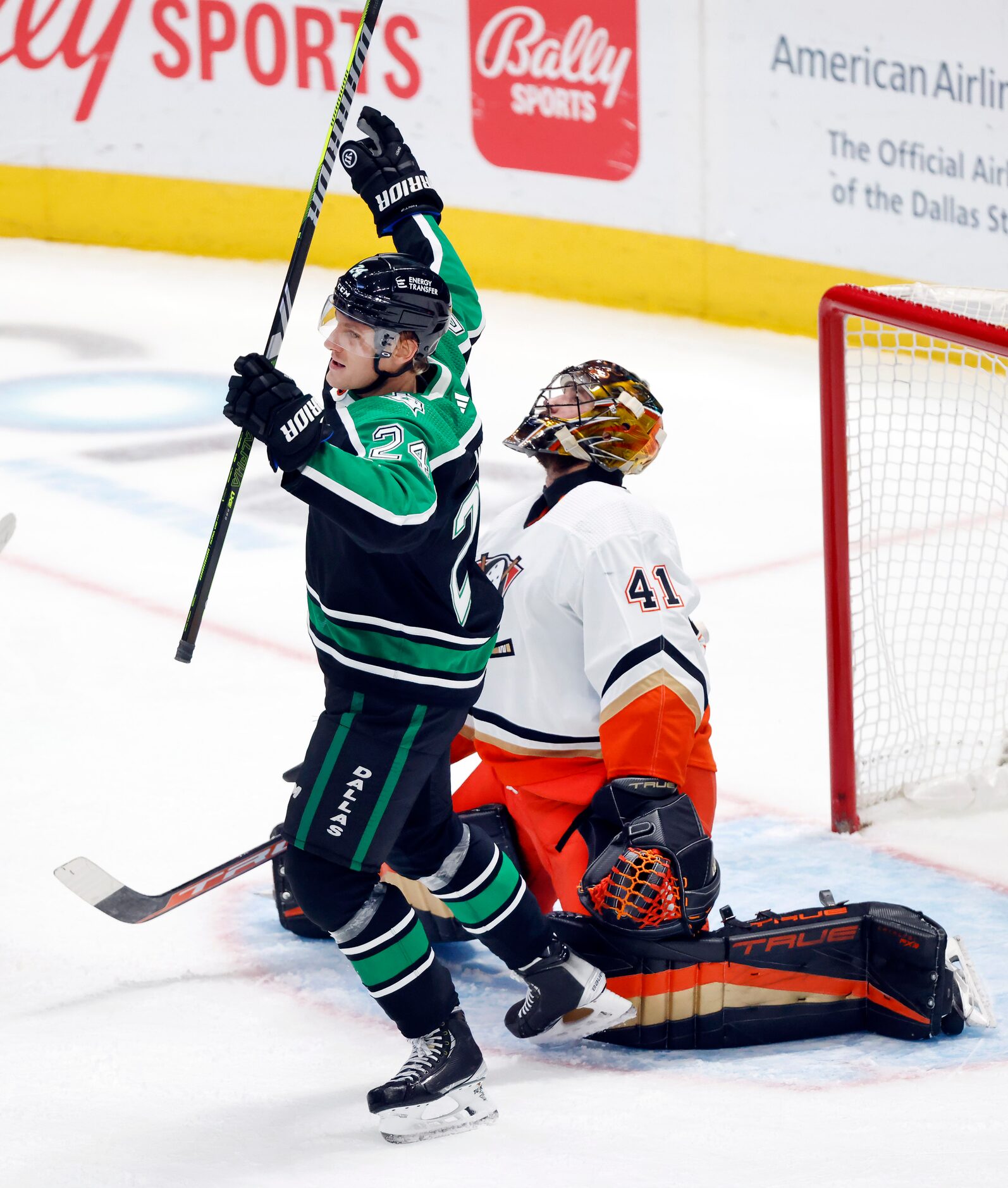 Dallas Stars center Roope Hintz (24) reacts to Jason Robertson’s second period goal on...