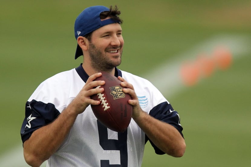 Dallas quarterback Tony Romo (9) is pictured during the Dallas Cowboys first OTA practice at...