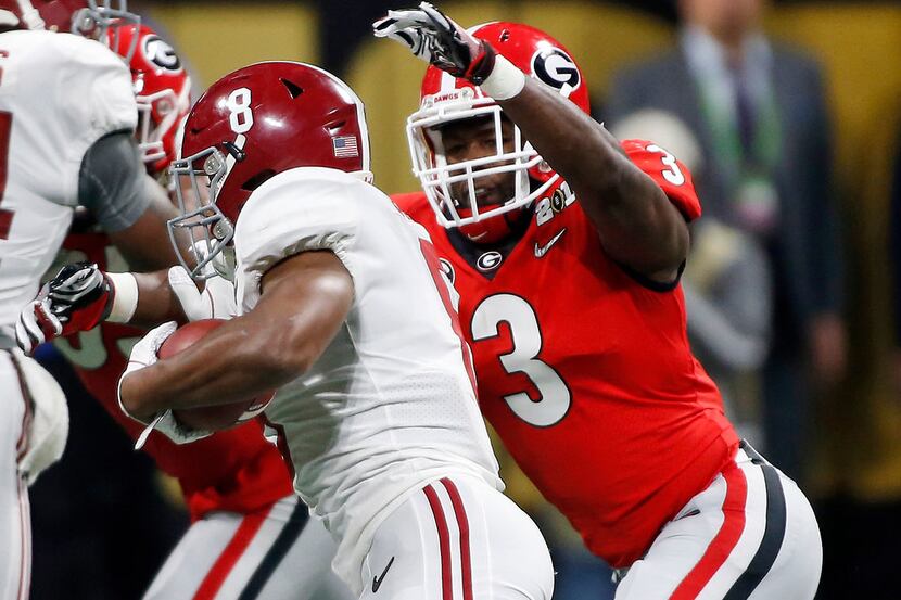 FILE - In this Jan. 8, 2018, file photo, Georgia linebacker Roquan Smith (3) goes in for a...