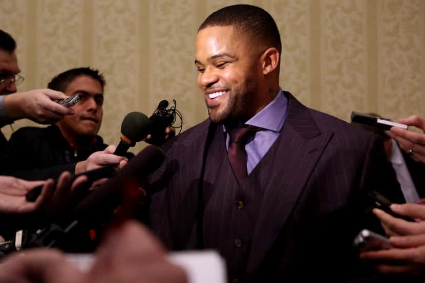 Prince Fielder is interviewed before the Texas Rangers Award Dinner on January 24, 2014 at...