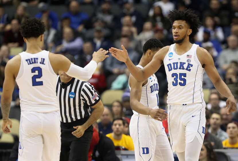 PITTSBURGH, PA - MARCH 15:  Marvin Bagley III #35 of the Duke Blue Devils celebrates with...