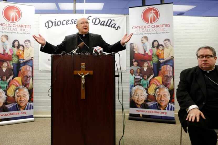 
Dallas Bishop Kevin Farrell (center) and Fort Worth Bishop Michael Olson on Monday asked...