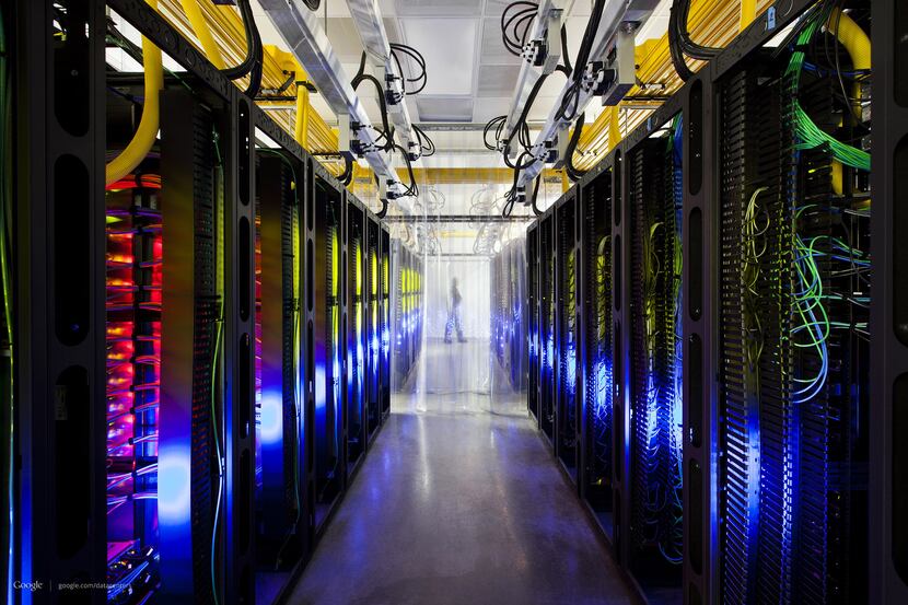In this undated file photo made available by Google shows the campus-network room at a data...