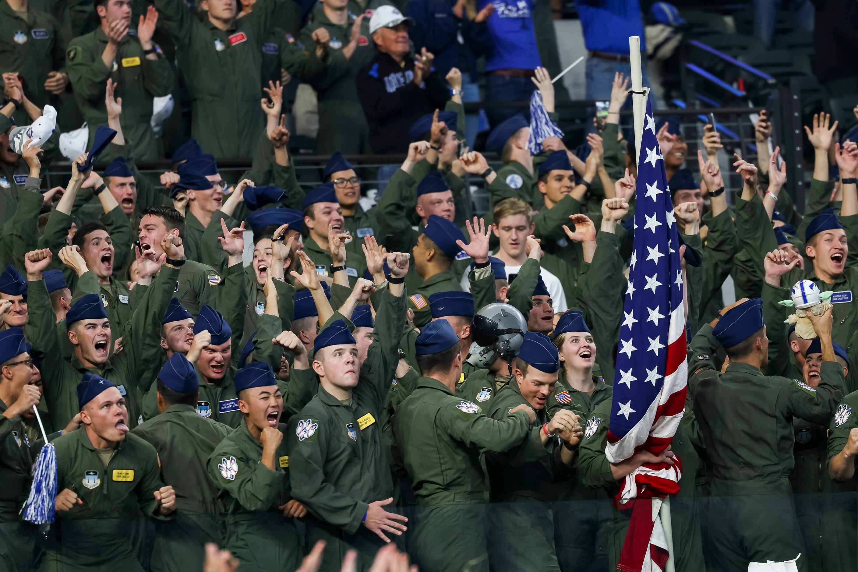 Air Force Falcons cadets celebrate against the Army Black Knights during the fourth quarter...