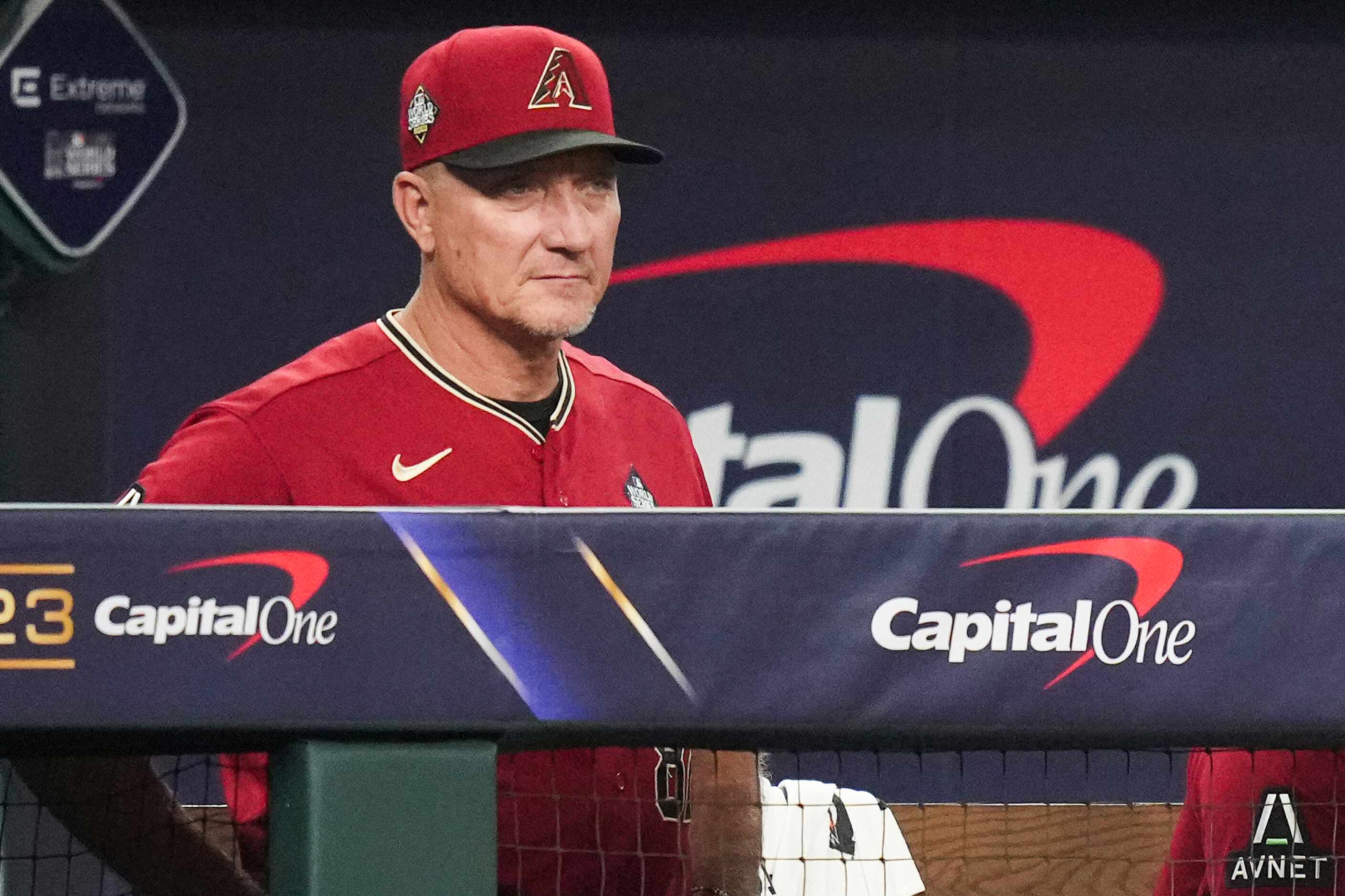 Arizona Diamondbacks bench coach Jeff Banister watches during the eighth inning in Game 1 of...