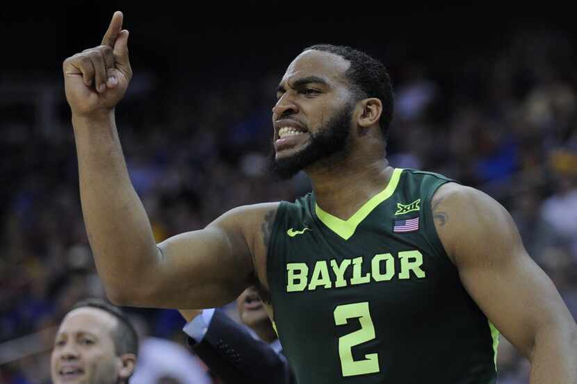 KANSAS CITY, MO - MARCH 10:  Rico Gathers #2 of the Baylor Bears cheers on his team during a...