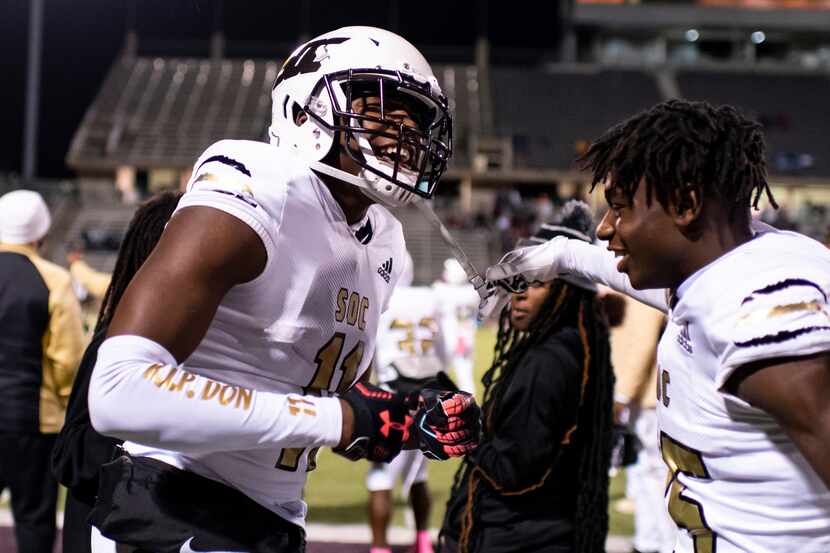 South Oak Cliff sophomore Jamyri Cauley (11) exclaims after making a play on offense during...