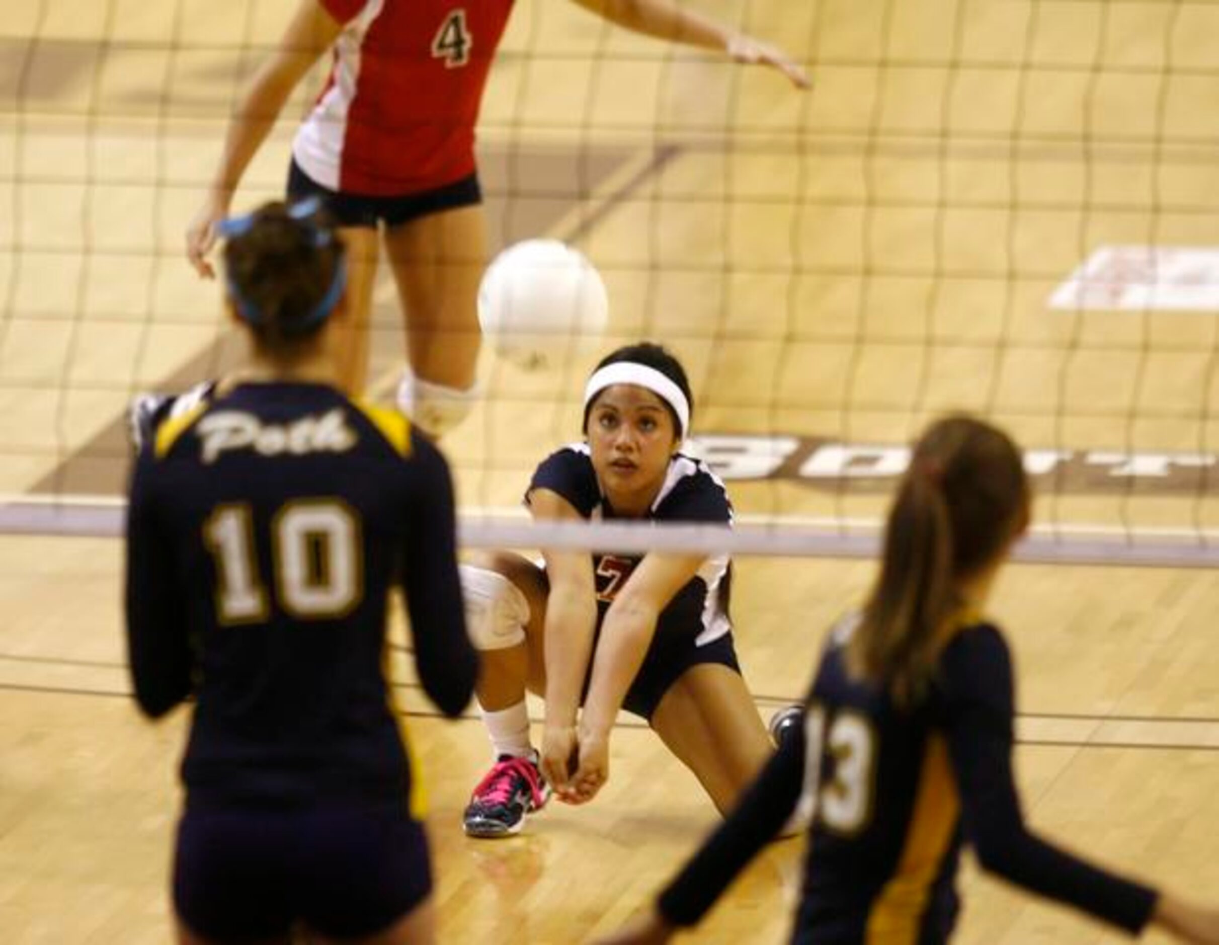 Aubrey's Ana Cisneros (7) digs a Poth hit during the UIL 2A volleyball state championship...