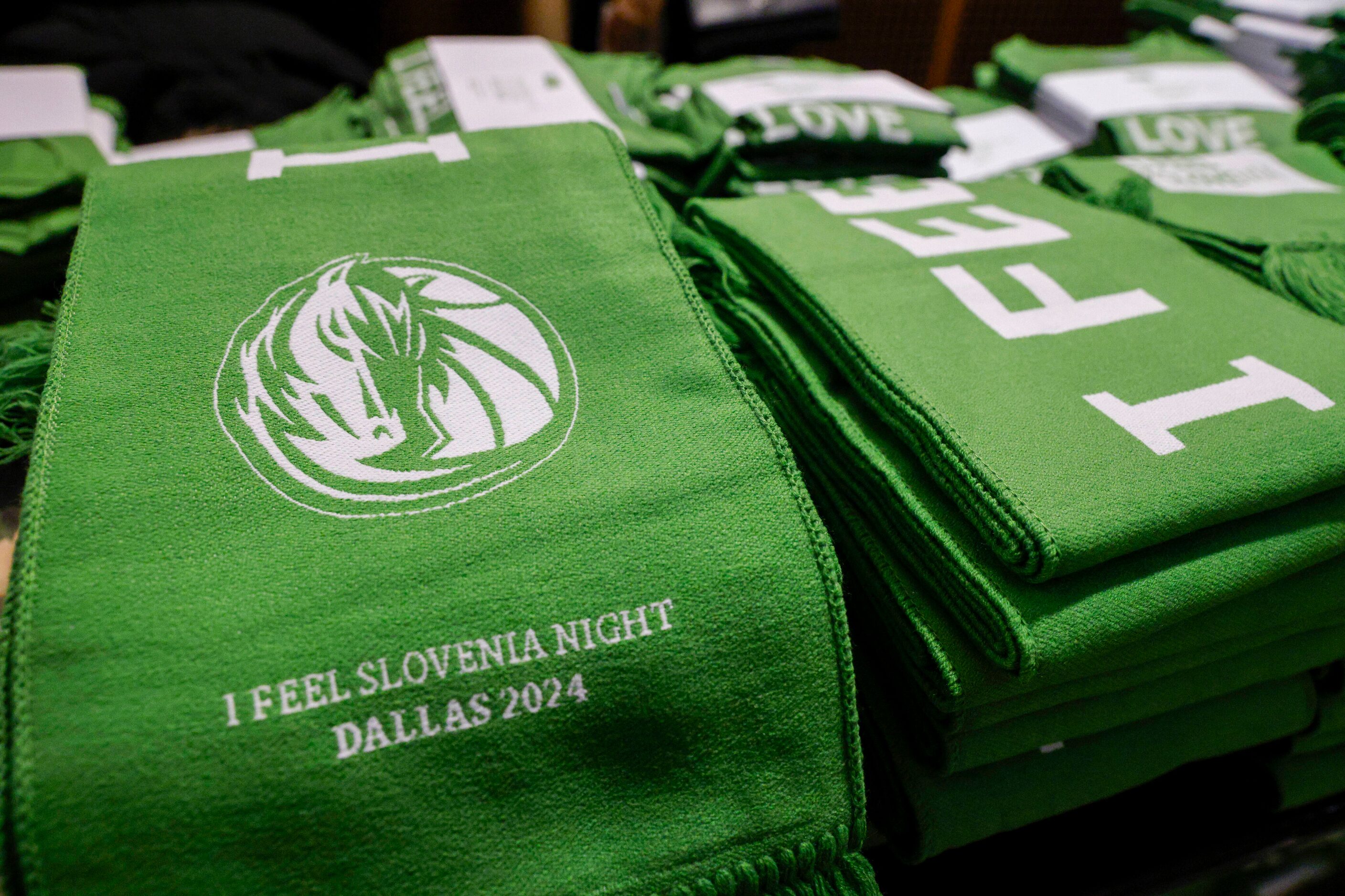 A “I feel Slovenia Night” scarf is seen before an NBA game between the Dallas Mavericks and...