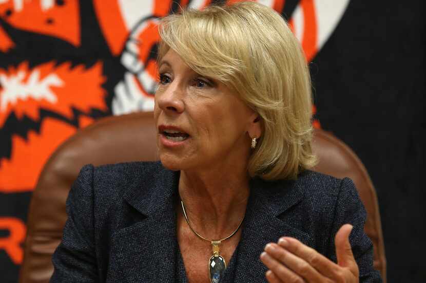 U.S. Secretary of Education Betsy DeVos speaks to the press during her visit to Billy Earl...