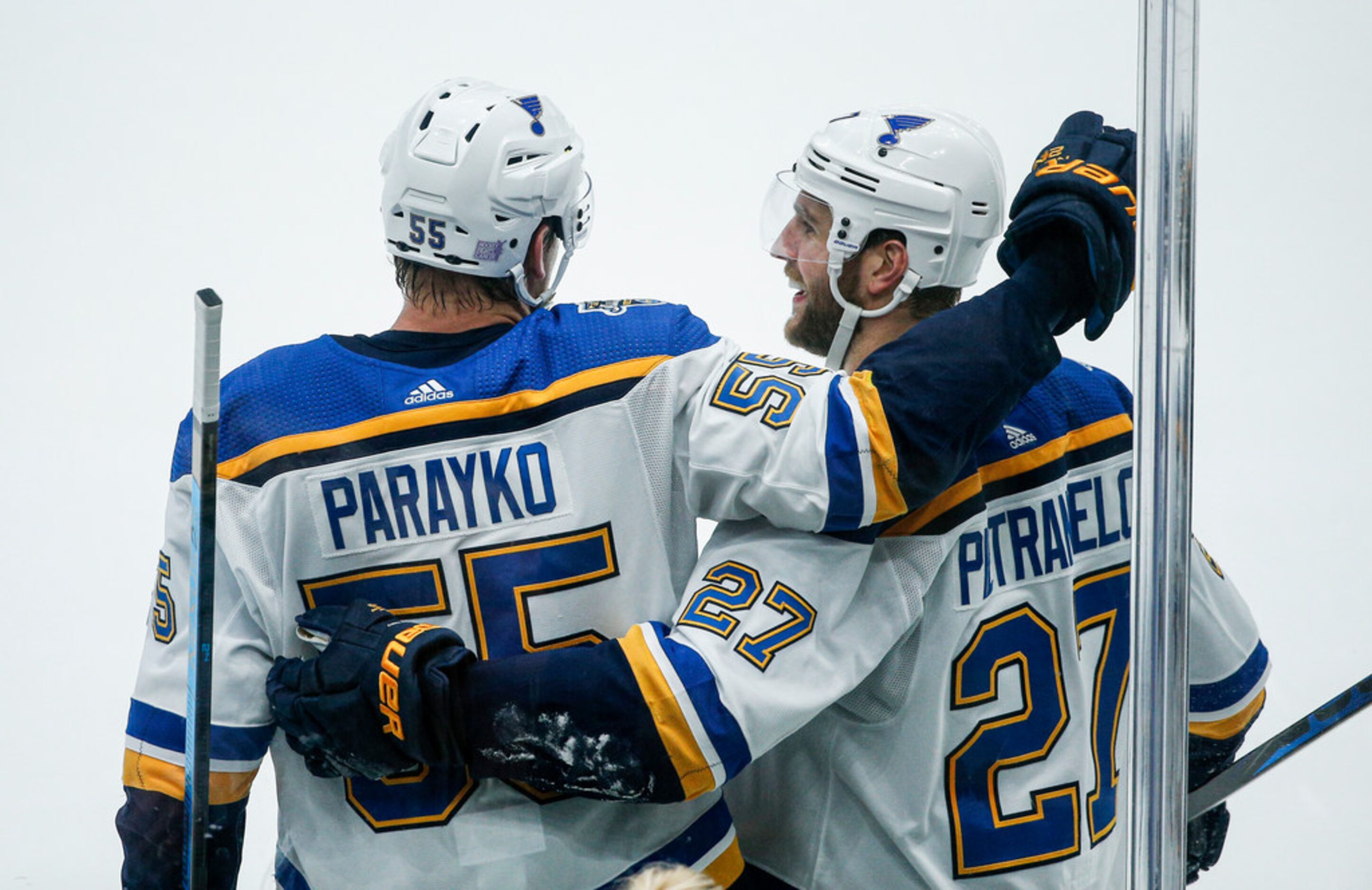 St. Louis Blues defenseman Colton Parayko (55) is congratulated by defenseman Alex...