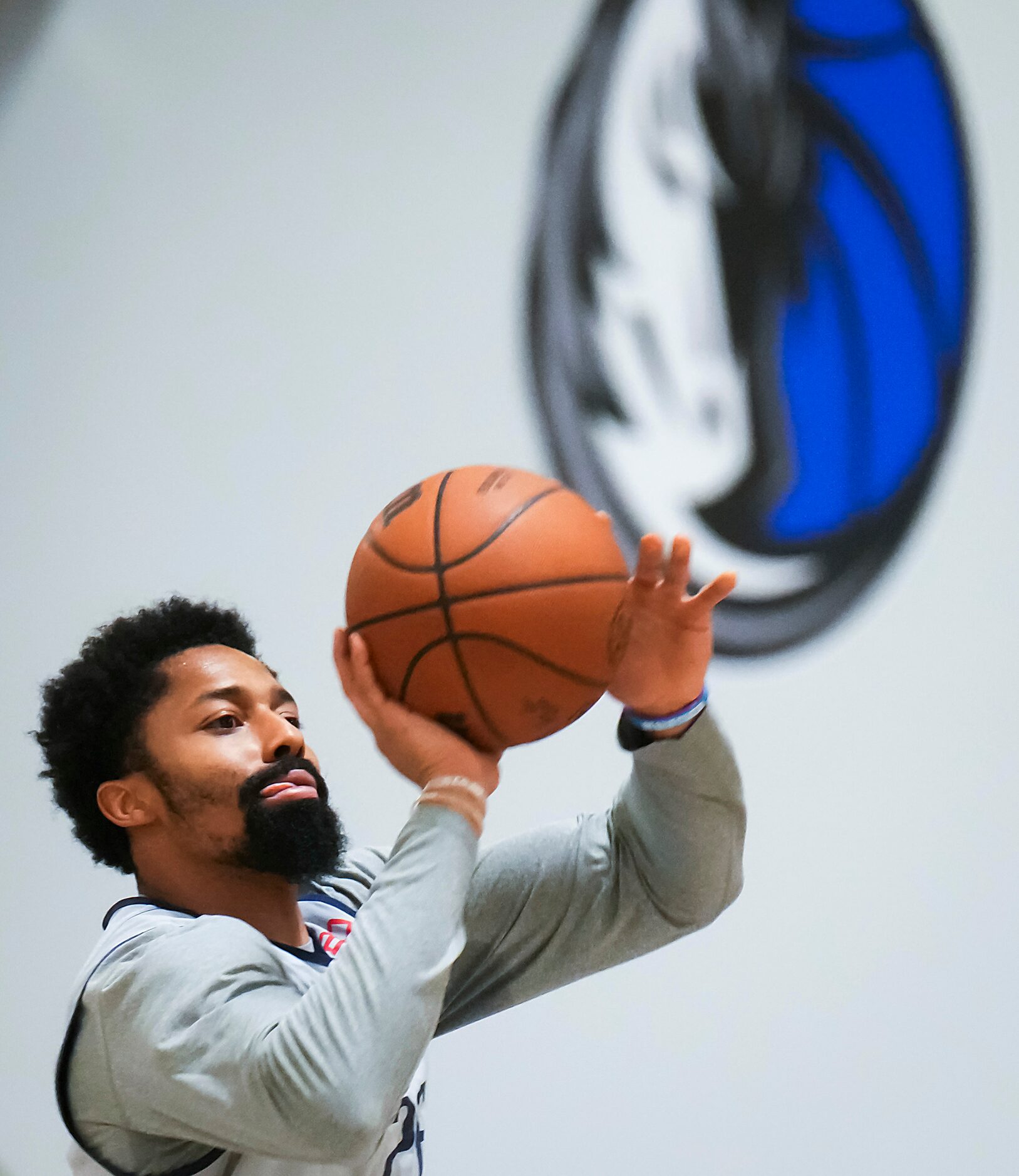 Dallas Mavericks guard Spencer Dinwiddie  shoots as the team practices in preparation for...