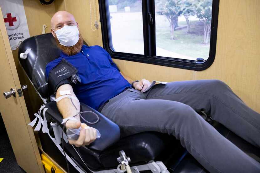Jeff Langlitz donated blood on Aug. 26, 2021, at the McMillan James Equipment Company office...