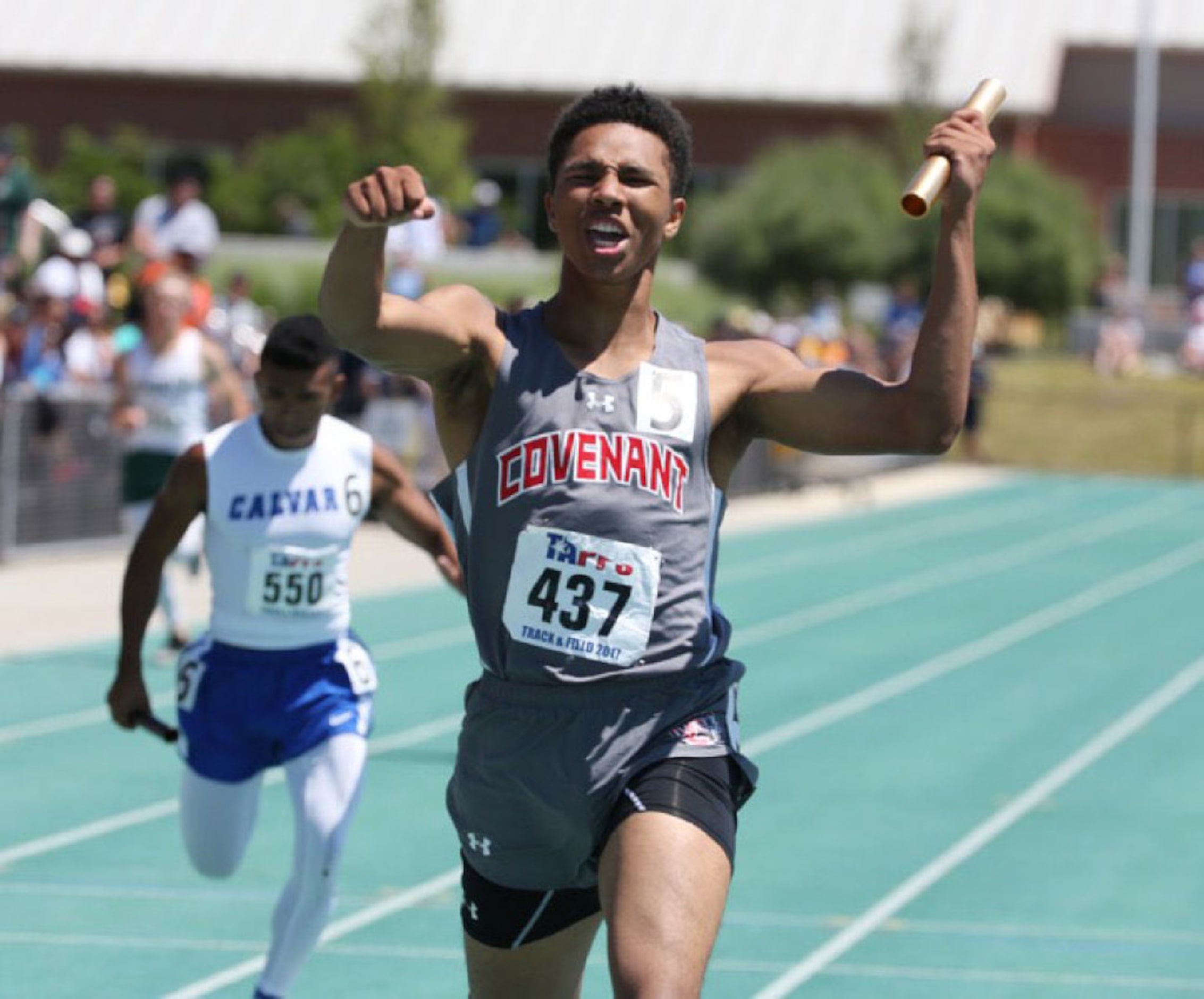 Dallas Covenant Noah Jones reacts to their first place win during the Tapps State 3A mens...