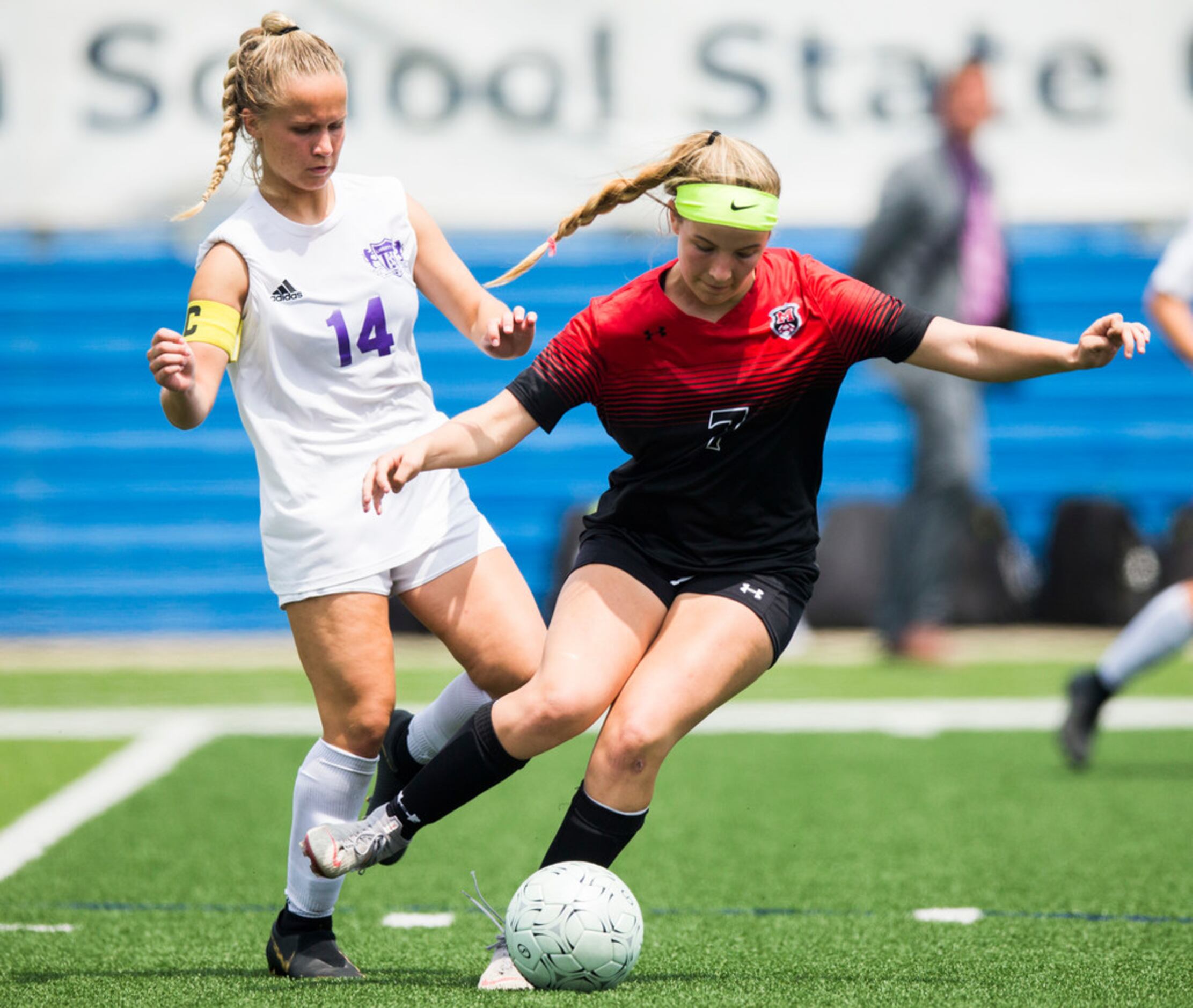 Melissa forward Lucy Hurst (7) takes control of the ball from Liberty Hill midfielder Brooke...