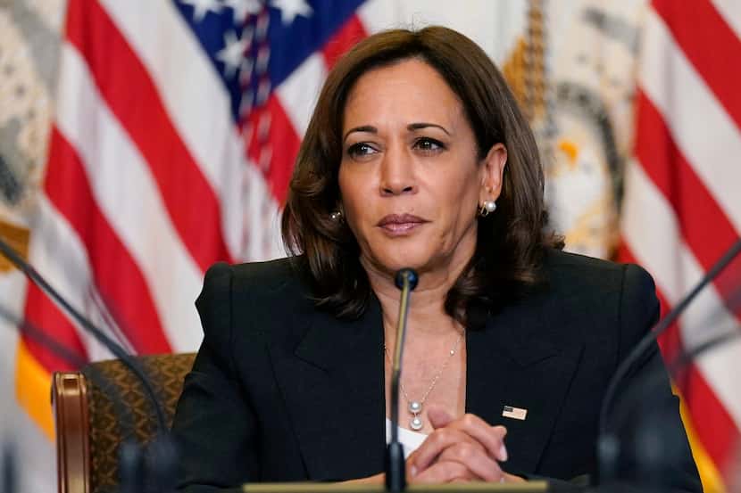 FILE - Vice President Kamala Harris listens during a meeting with civil rights and...