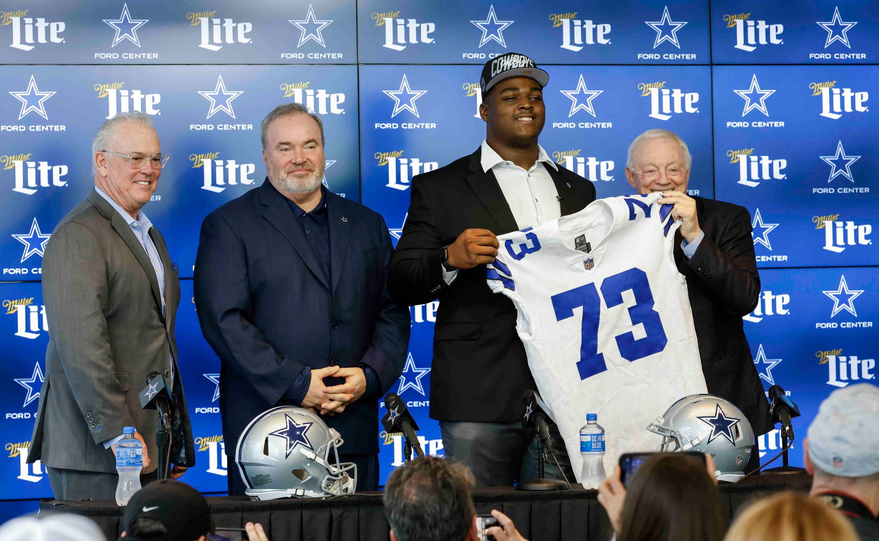 From left, Dallas Cowboys Chief Operating Officer Stephen Jones, Head Coach Mike McCarthy,...