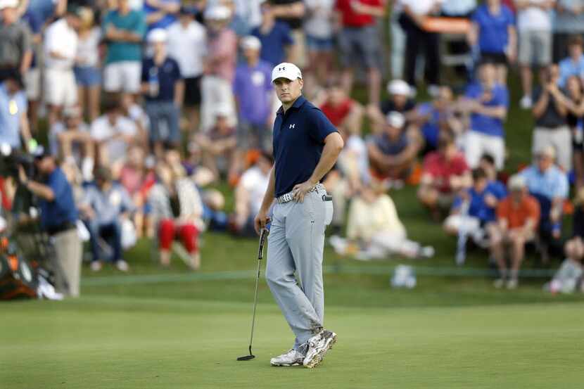 Jordan Spieth waits to putt on the 17th hole during the AT&T Byron Nelson at TPC Las Colinas...