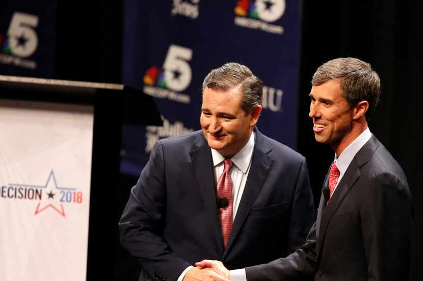 Sent. Ted Cruz and U.S. Rep. Beto O'Rourke shook hands after their first debate, held at...