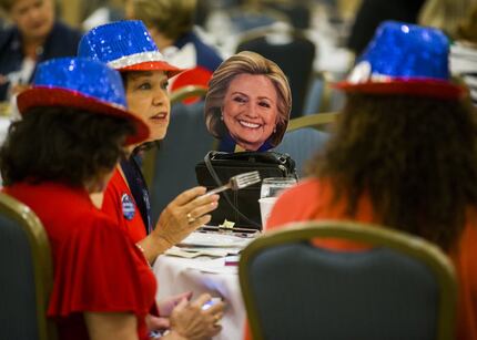 A Hillary Clinton face cutout joined delegates from Beaumont for the Texas delegation...