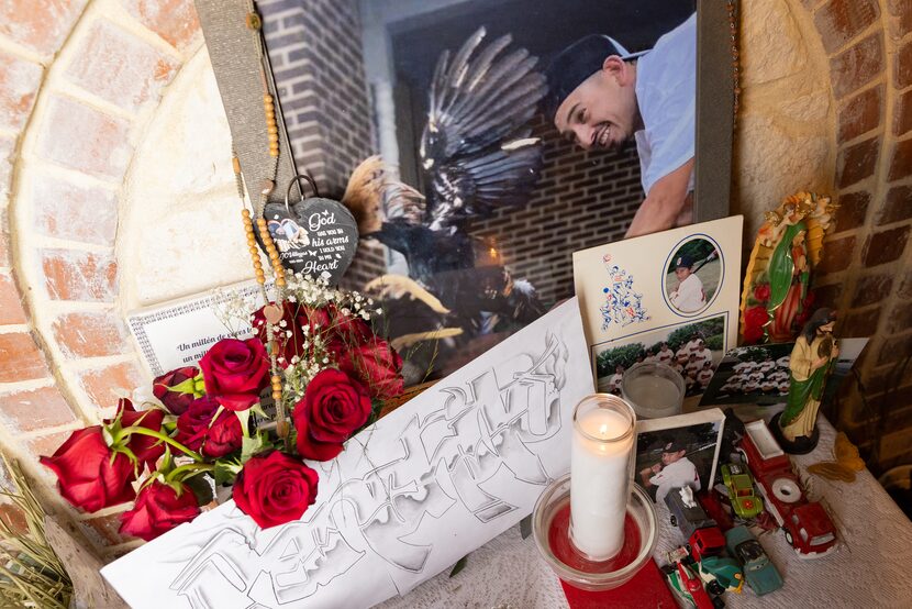 A memorial for Juan Carlos Villegas at his parents’ home in Dallas on Friday, Aug. 16, 2024....