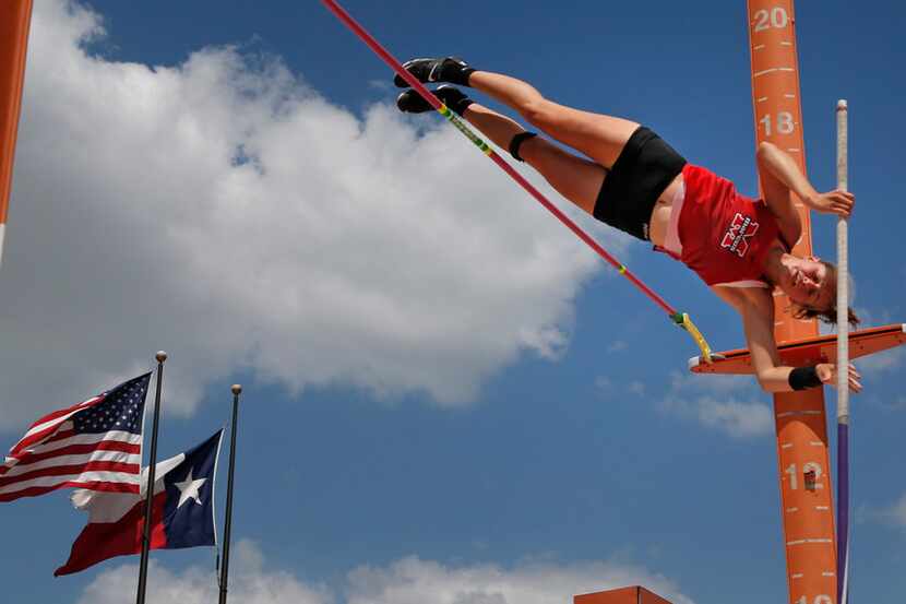 Flower Mound Marcus' Mackenzie Hayward clears 13-6 to win the Class 6A girls pole vault at...