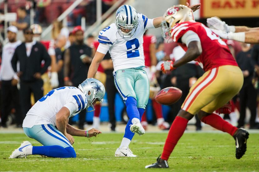Dallas Cowboys kicker Brett Maher (2) kicks a field goal during the second quarter of an NFL...