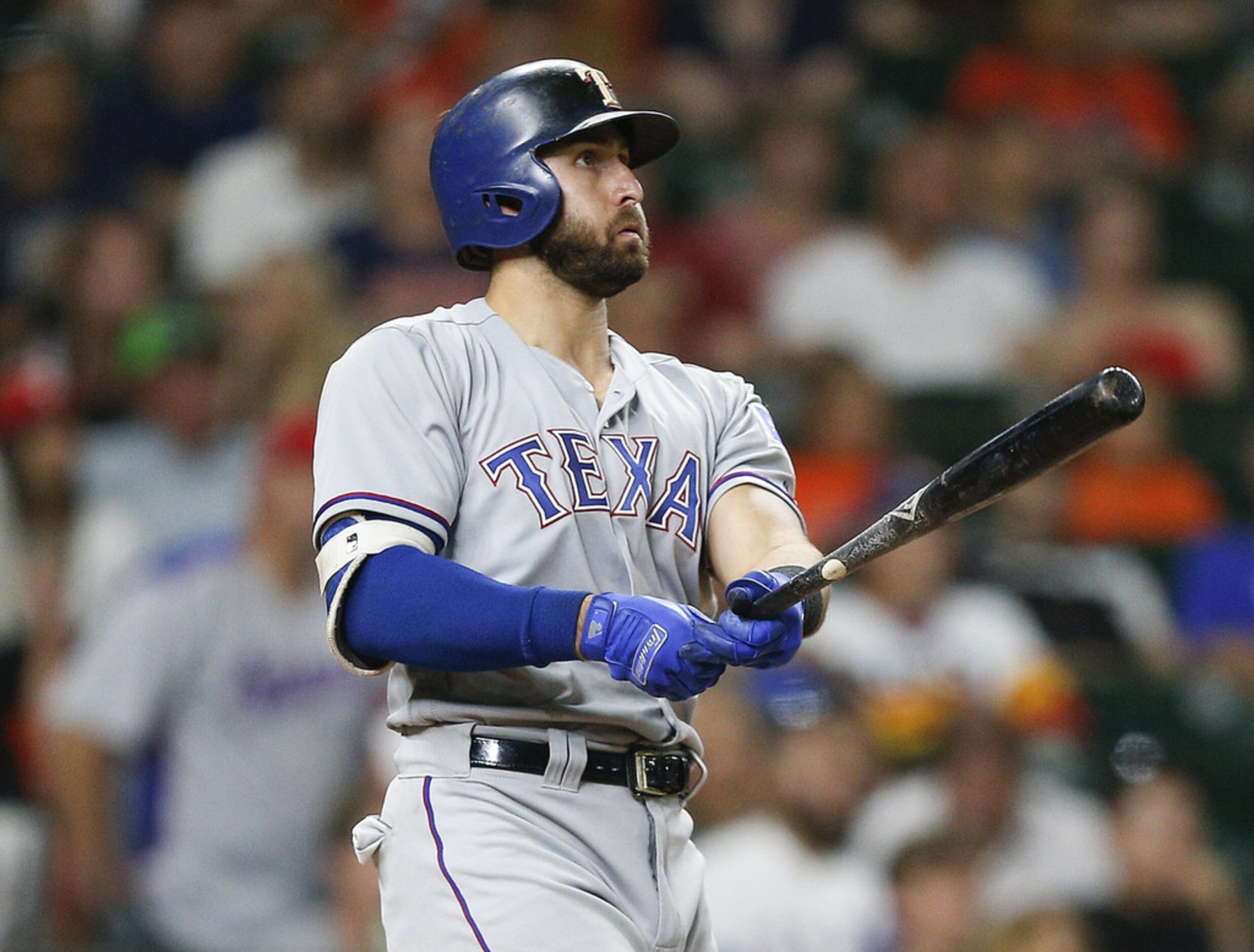 HOUSTON, TX - JULY 28:  Joey Gallo #13 of the Texas Rangers hits a three-run home run in the...