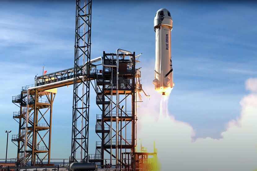 A video frame shows Blue Origin successfully completing its 14th mission to space and back...