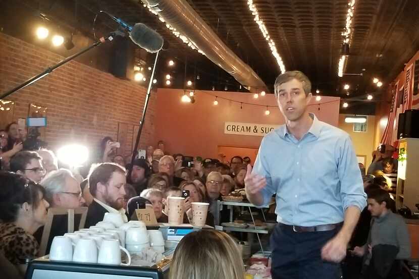 Beto O'Rourke stumped Friday at Central Park Coffee Company in Mount Pleasant, Iowa, on Day...