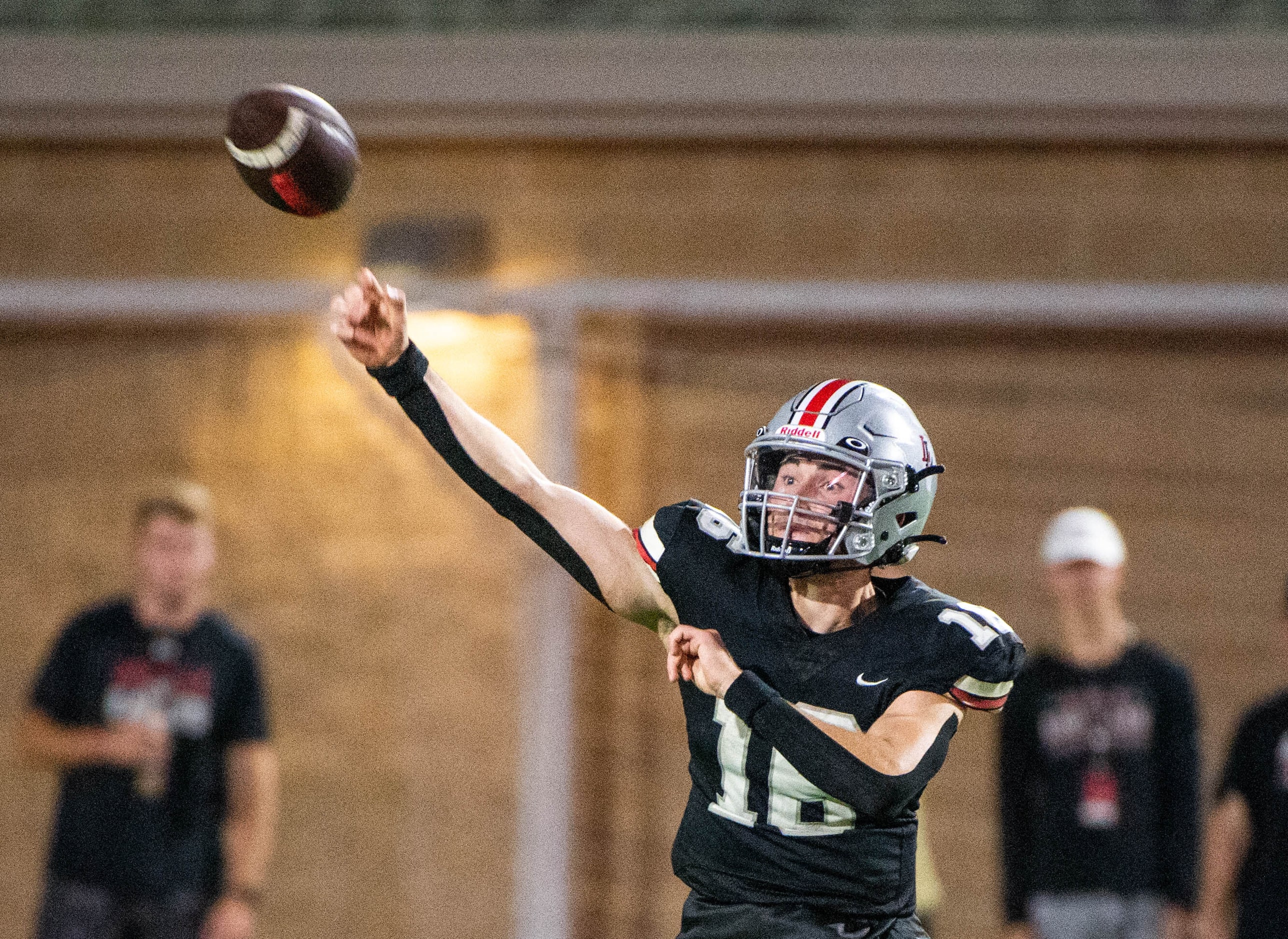 Lovejoy quarterback Brayden Hagle (16) passes in the first half during a high school...