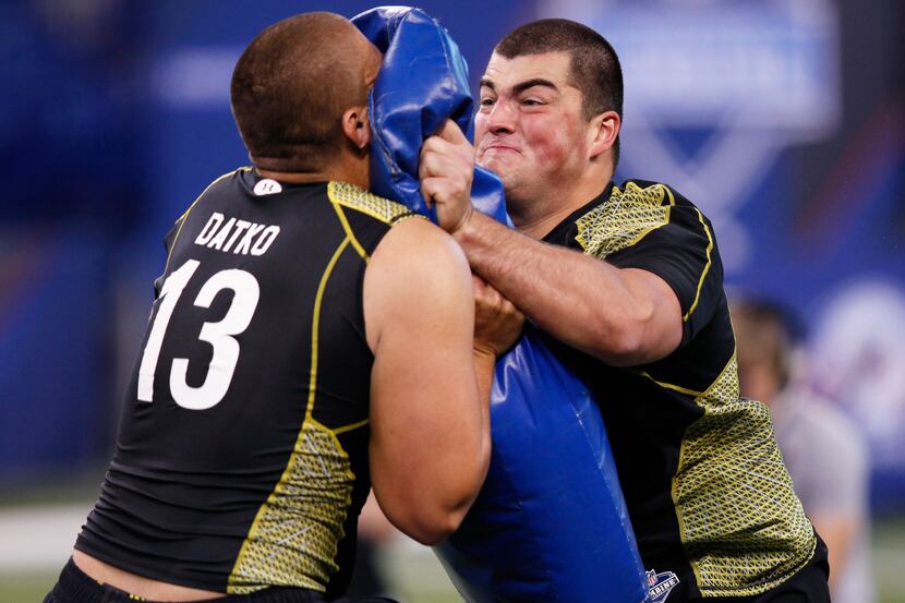Offensive lineman David DeCastro of Stanford participates in a drill during the 2012 NFL...